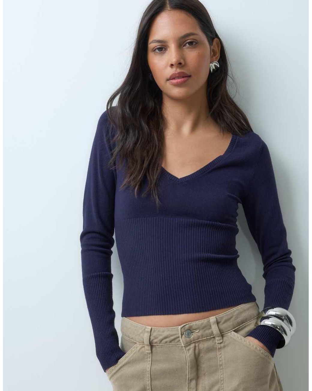 Cotton On Blue Coton On Close Knit V Neck Top
