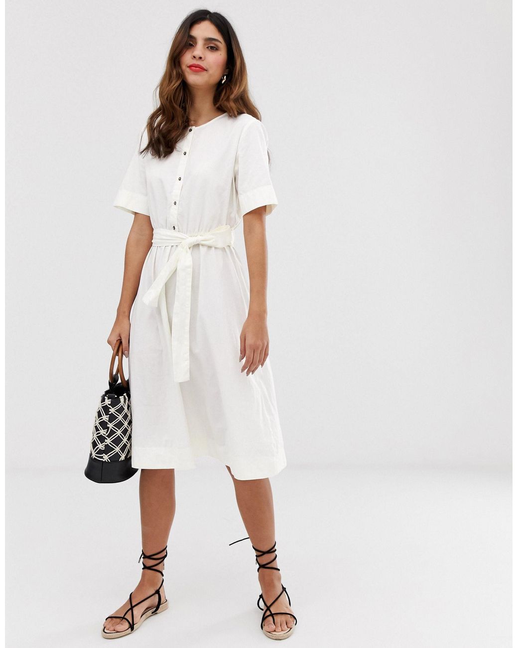 Vero Moda Cotton Button Through Tie Waist Midi Shirt Dress in White | Lyst
