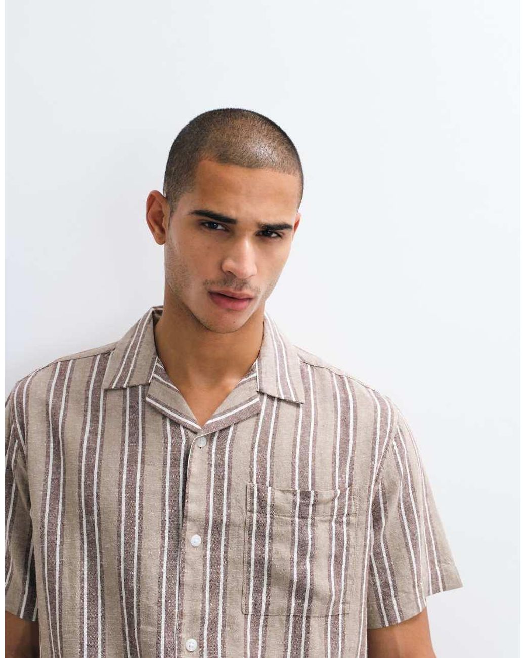 ASOS Natural Relaxed Linen Blend Stripe Shirt for men
