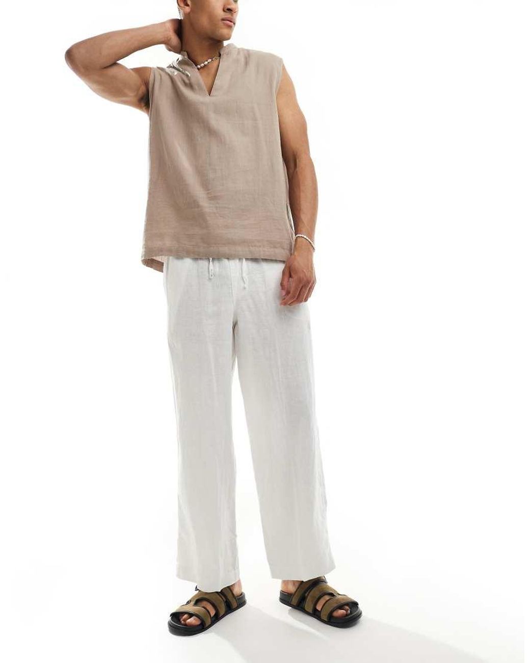 Cotton On White Baggy Linen Trouser for men