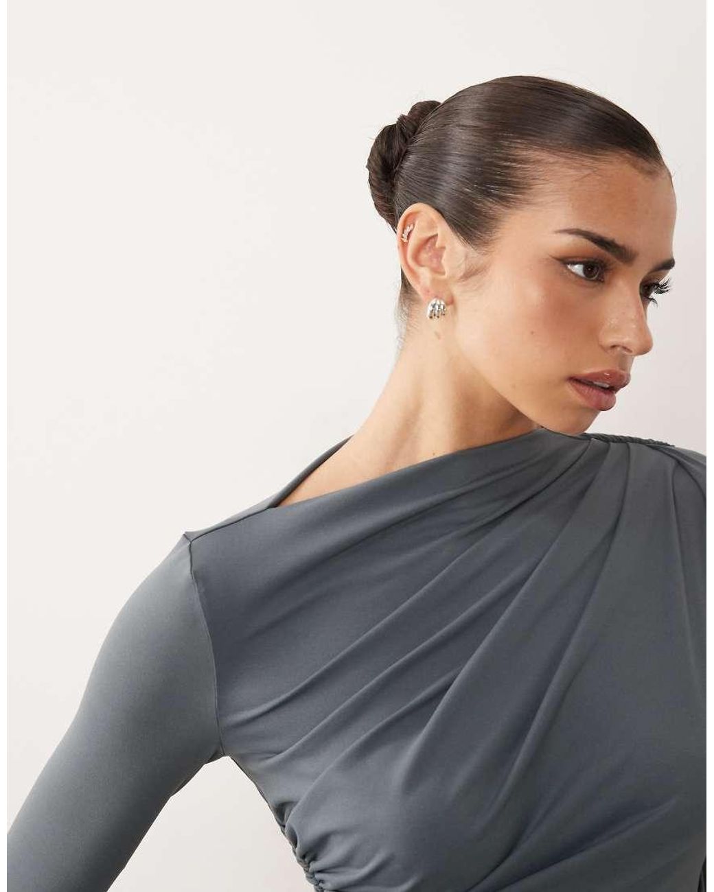 ASOS Gray Asymmetric Drape Slash Neck Maxi Dress