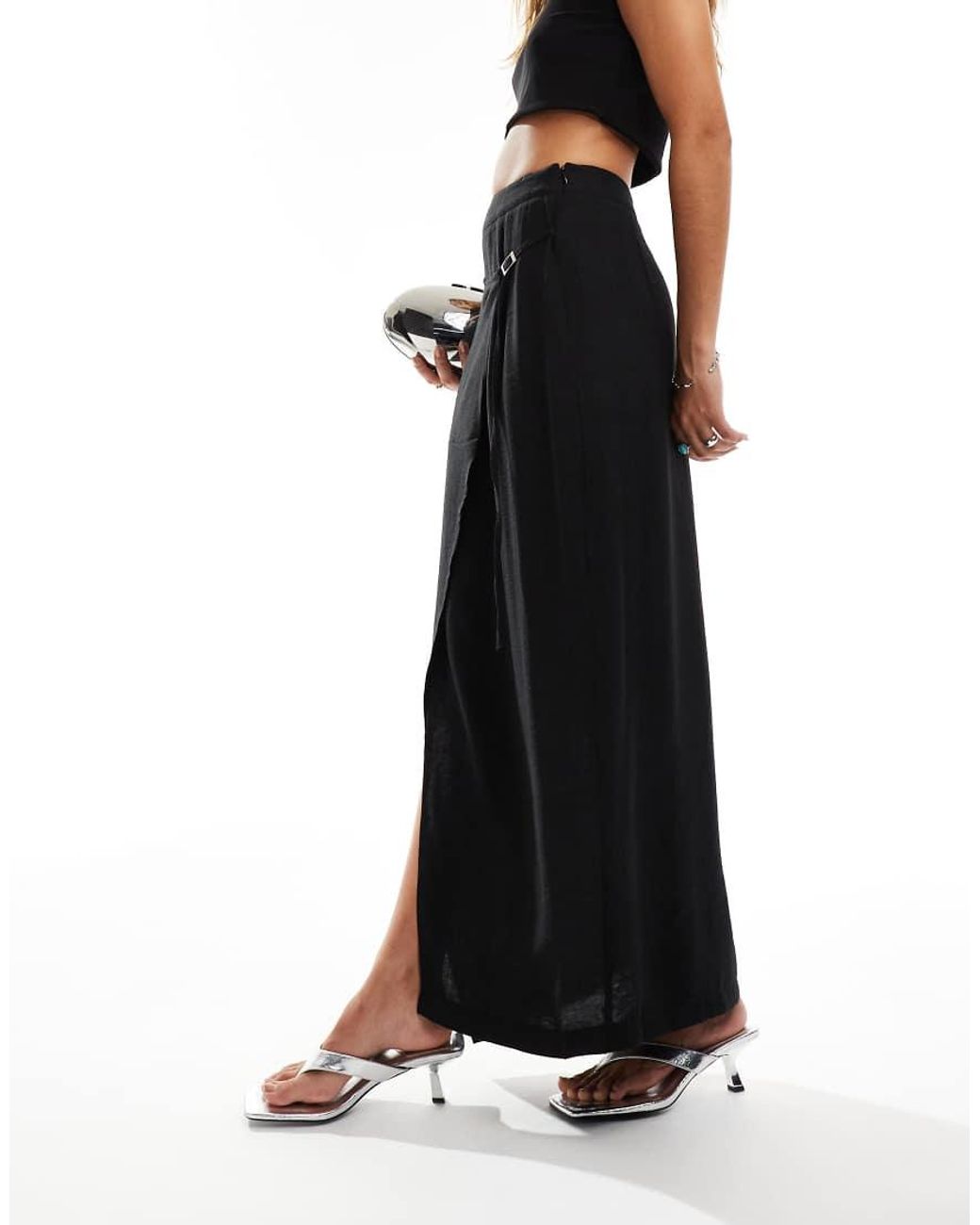 Kaiia Black Exclusive Linen Look Buckle Detail Maxi Skirt
