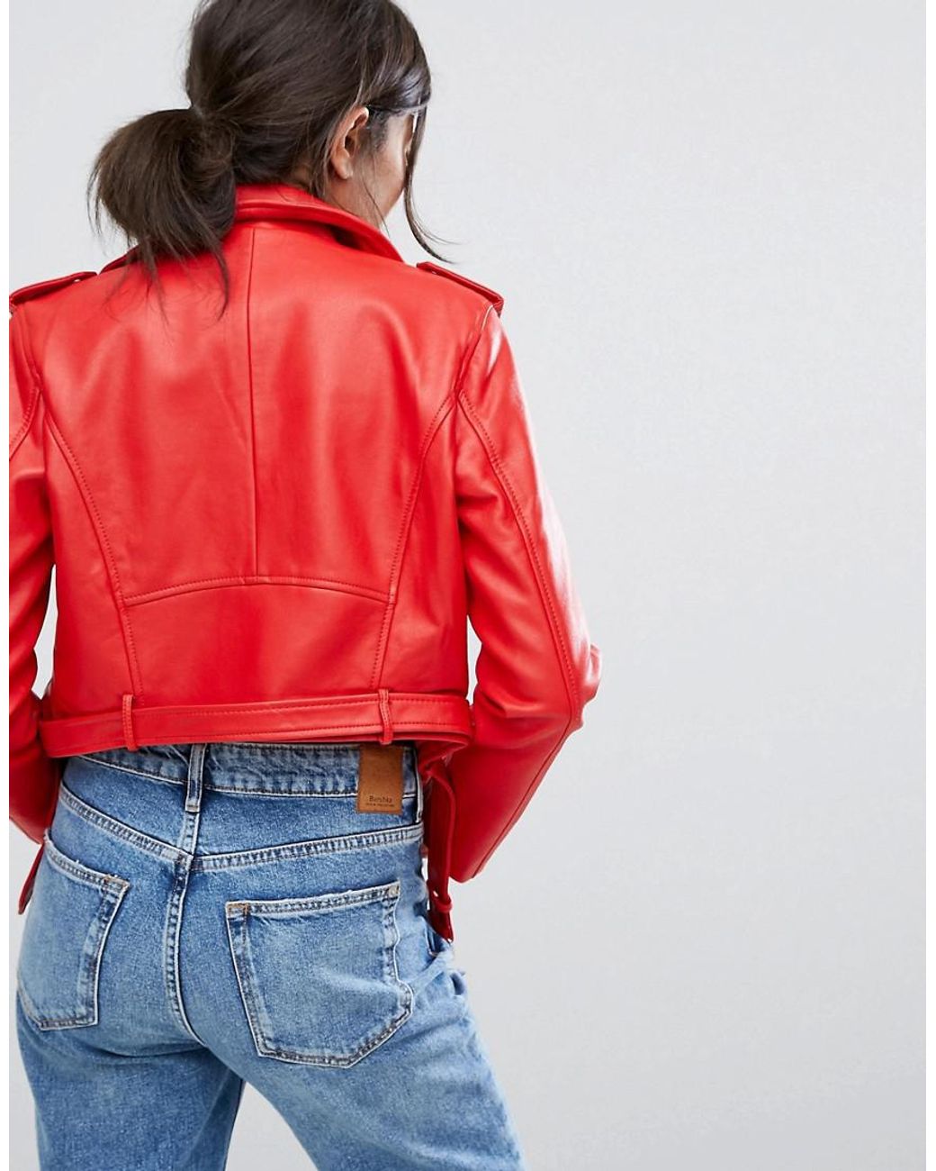 Bershka Leather Look Biker Jacket in Red | Lyst