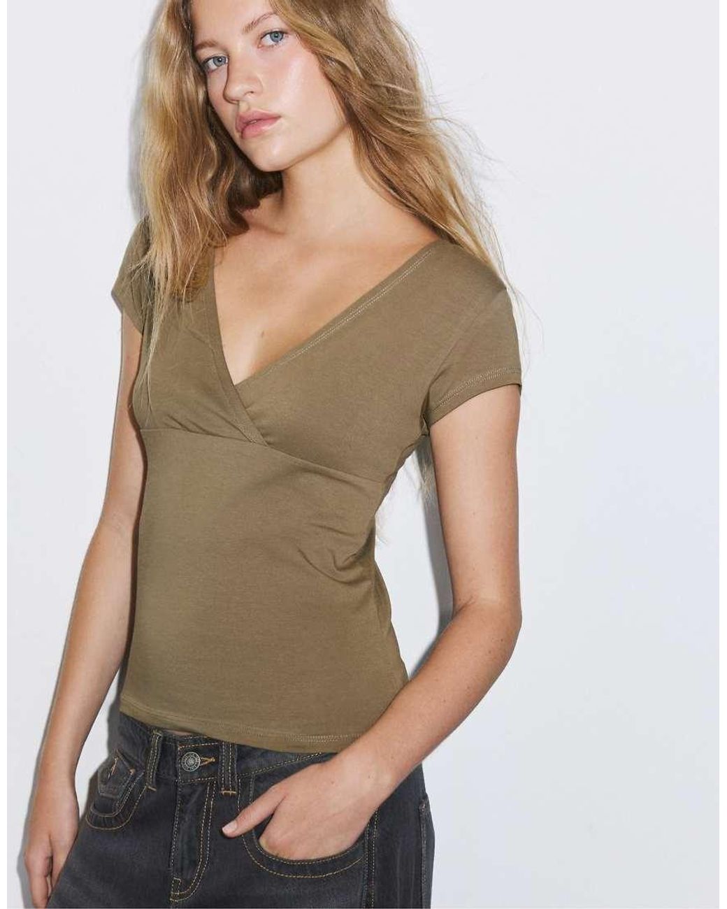 Stradivarius Blue Under-bust Short Sleeve Top