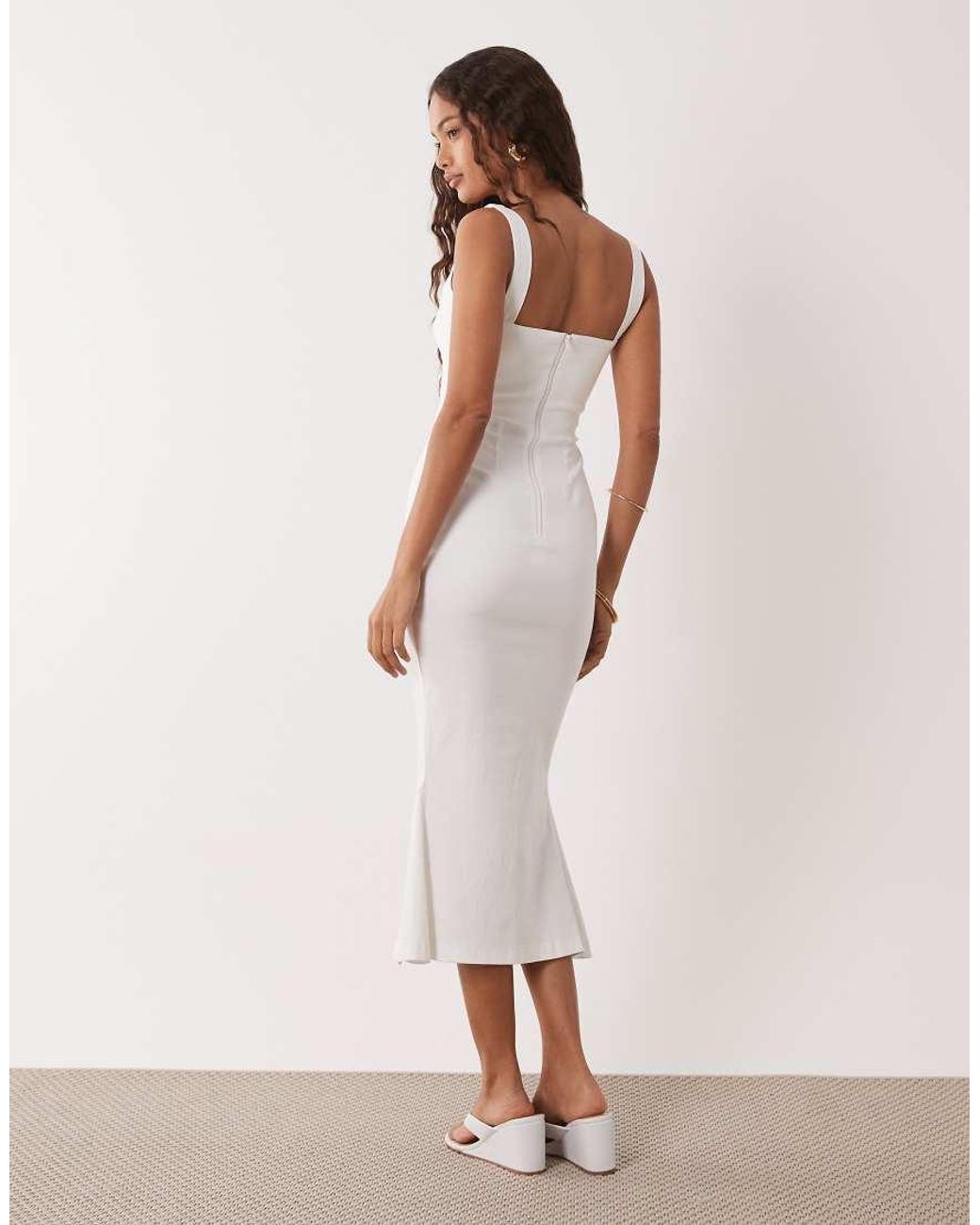 Vesper Petite White Bengaline Sleeveless Square Neck Fishtail Midi Dress