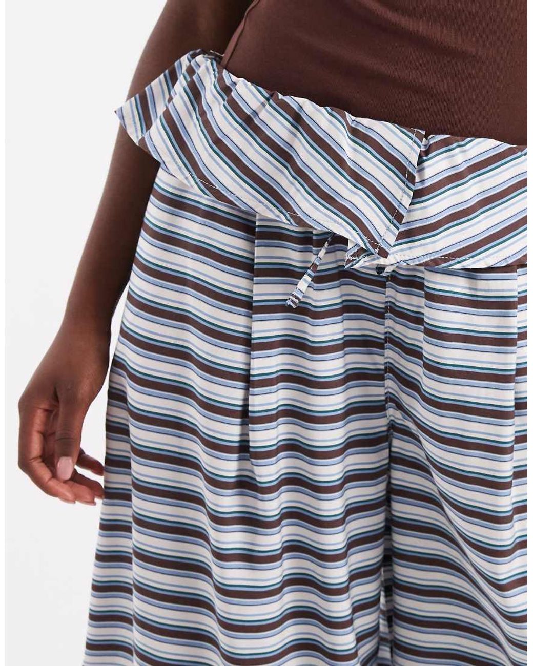 ASOS Blue Poplin Fold Over Pleated Wide Leg Trouser