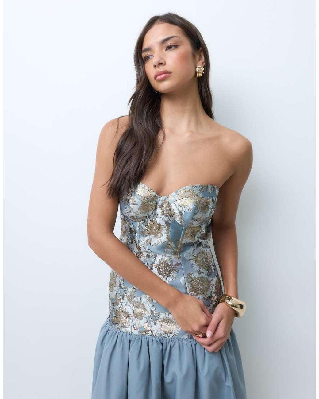 ASOS Blue Jacquard Bodice Drop Waist Maxi Dress With Bow Back