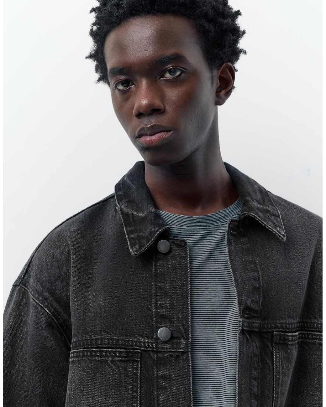 Pull&Bear Black Denim Trucker Jacket for men