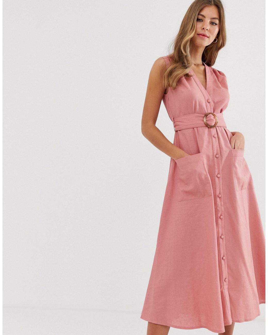 ASOS Linen Button Through Midi Dress With Belt in Pink Lyst