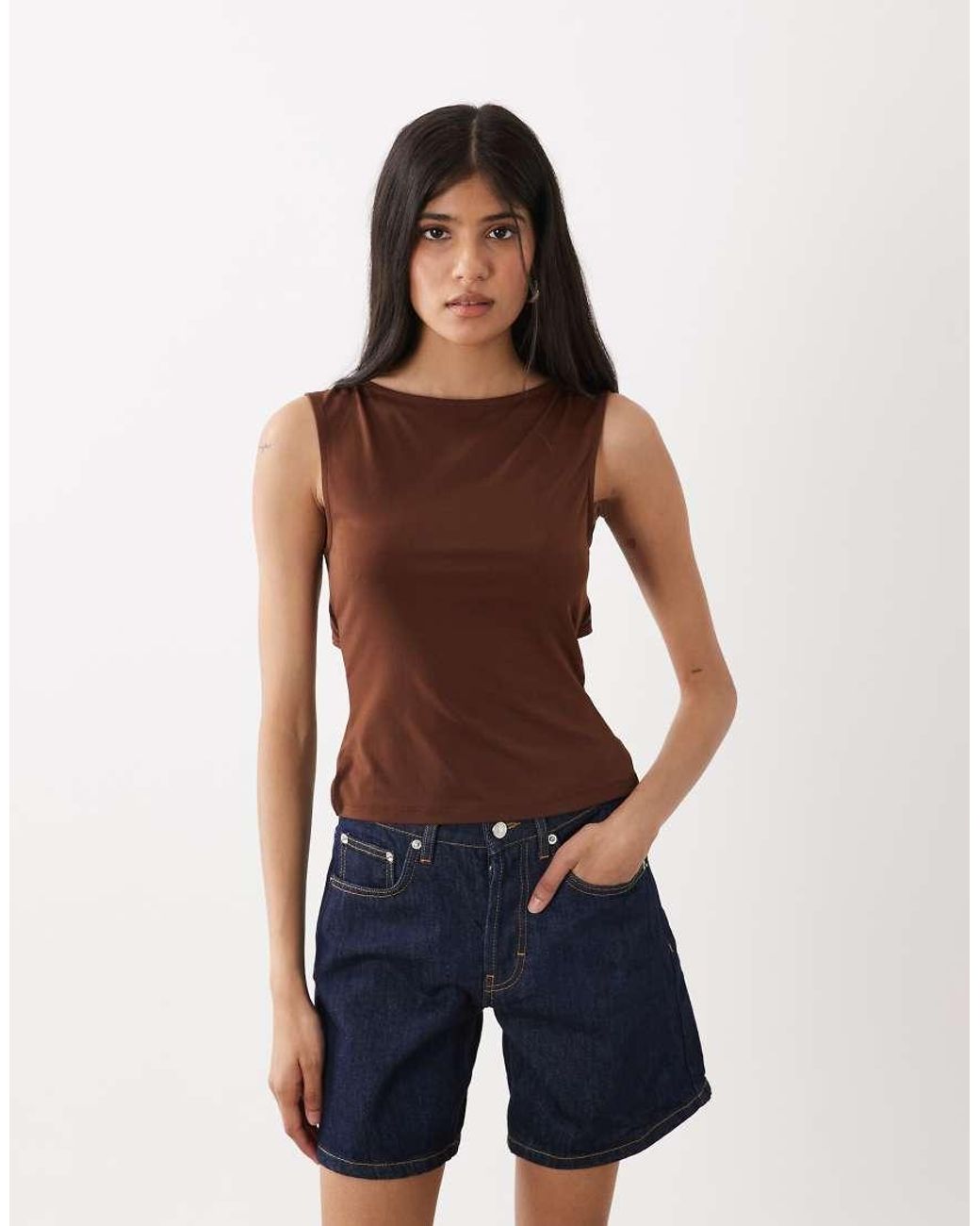 Miss Selfridge Brown Tank Top With Beaded Back Tie Detail