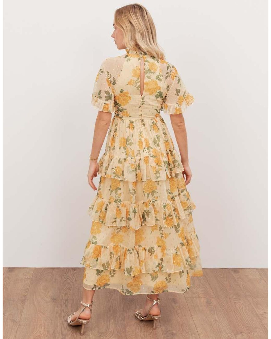 ANAYA Natural Floral Print Short Sleeve Tiered Midaxi Dress