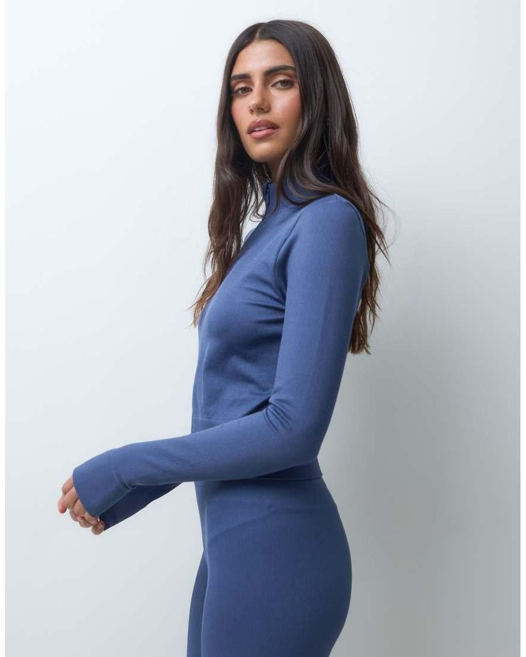 4505 Blue Seamless Baby Rib Cropped Zip Up Long Sleeve Top