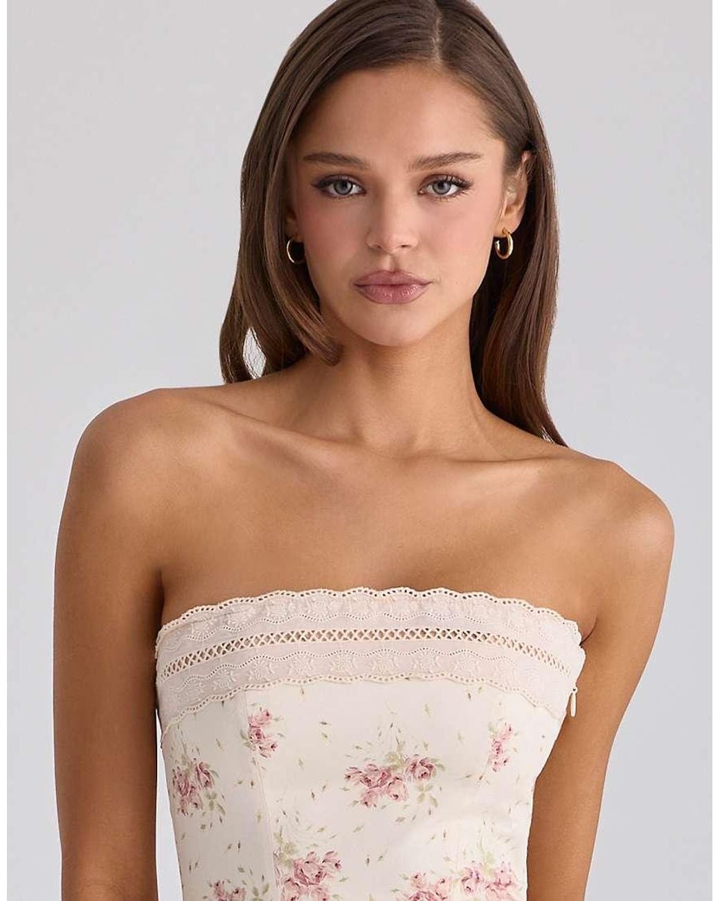 House Of Cb Natural Alessina Ivory Vintage Rose Print Cotton + Lace Maxi Dress