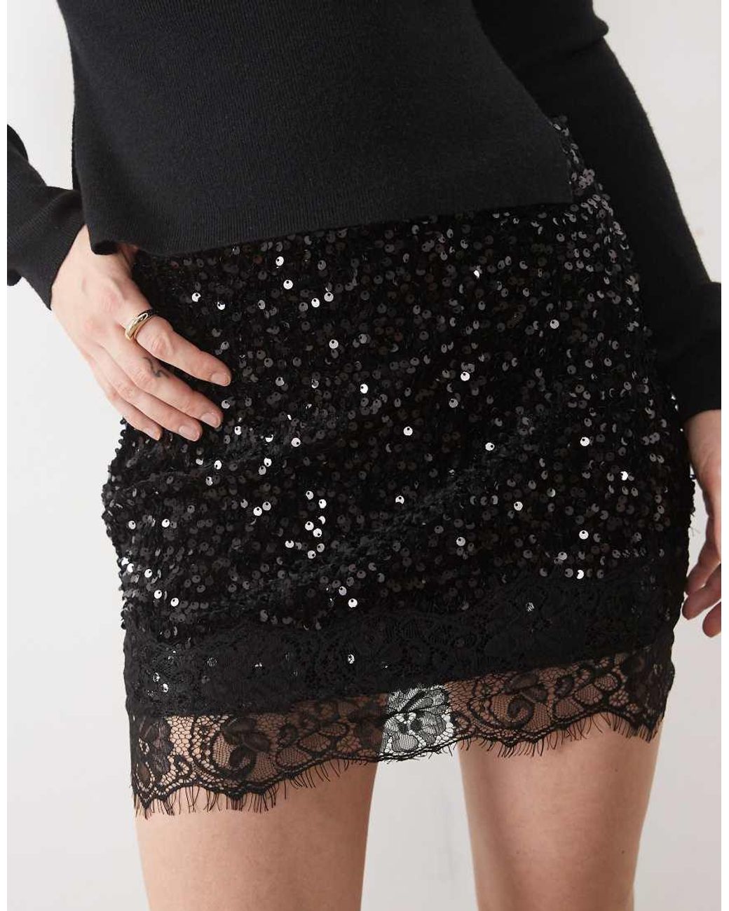 Vila Black High Waist Sequin & Velour Mini Skirt With Lace Trim