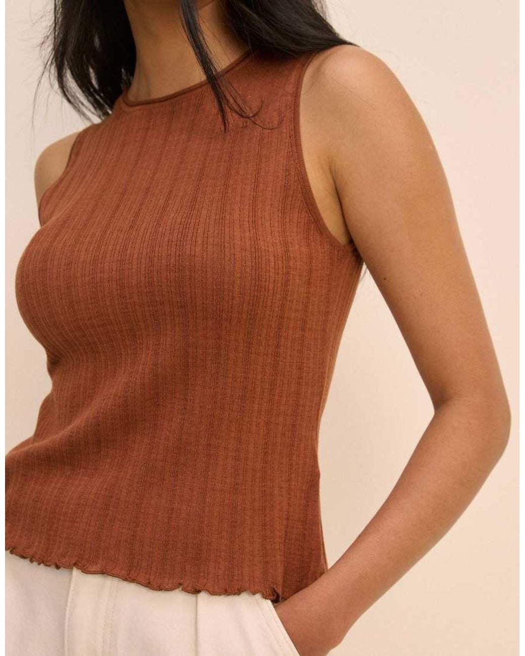 Nobody's Child Brown Rib And Ruffle Sheer Knit Vest