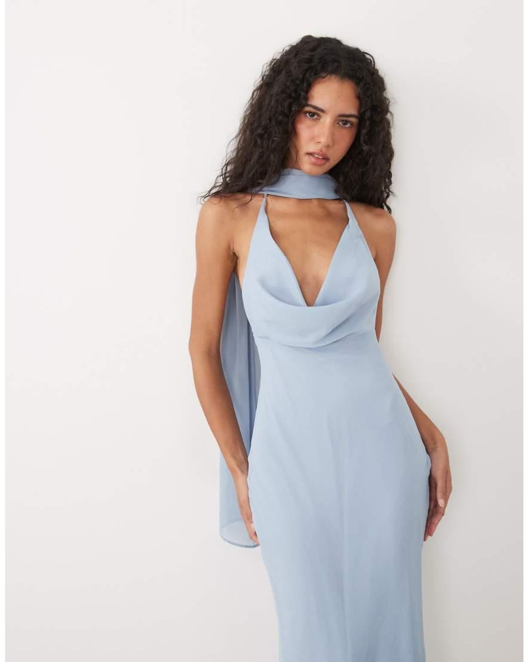 ASOS Blue Satin Cowl Neck Scarf Maxi Dress