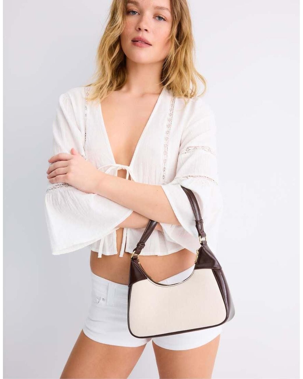 Stradivarius White Mini Half-Moon Canvas Shoulder Bag