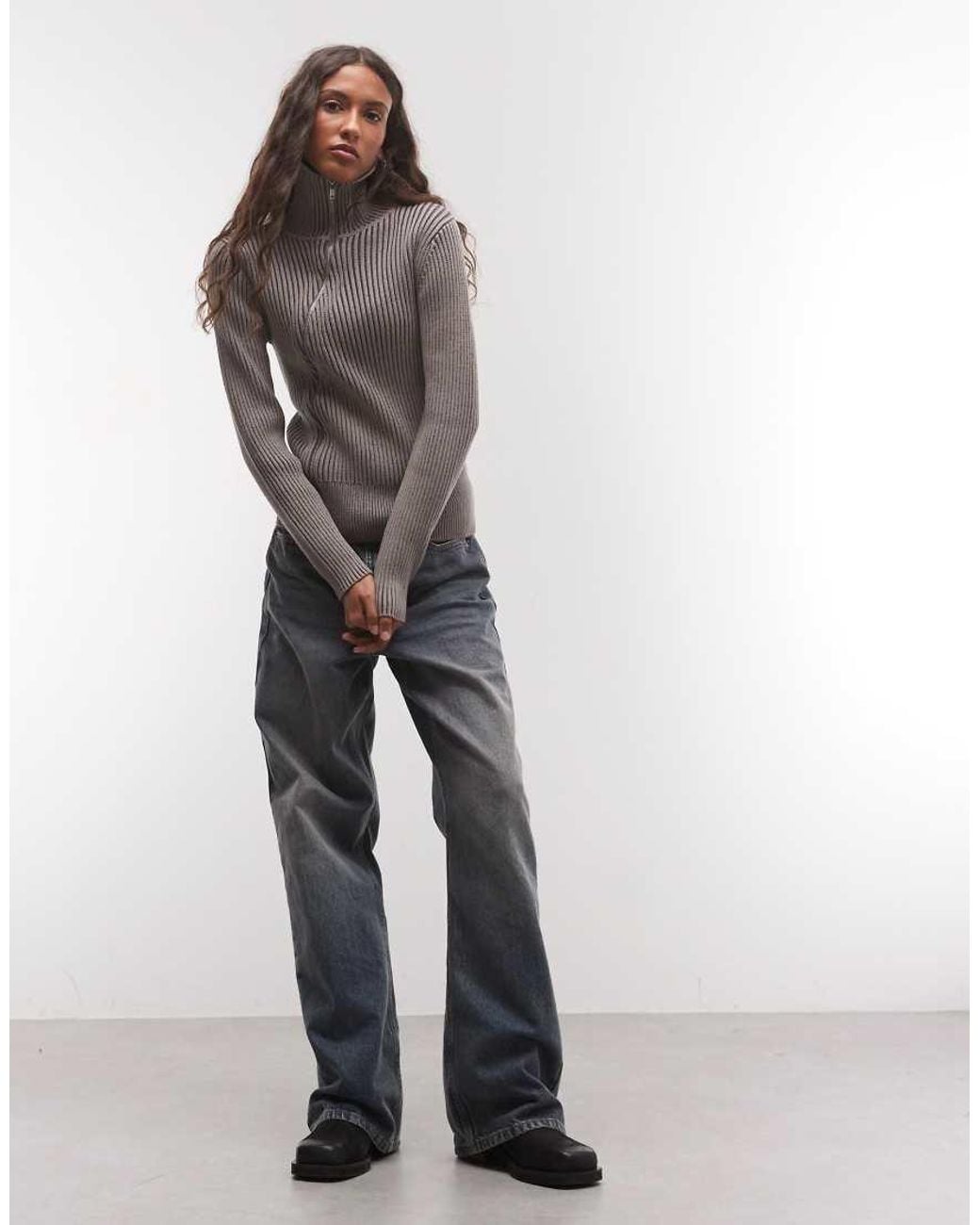 Collusion Gray Asymmetric Zip Through Knitted Plated Sweater