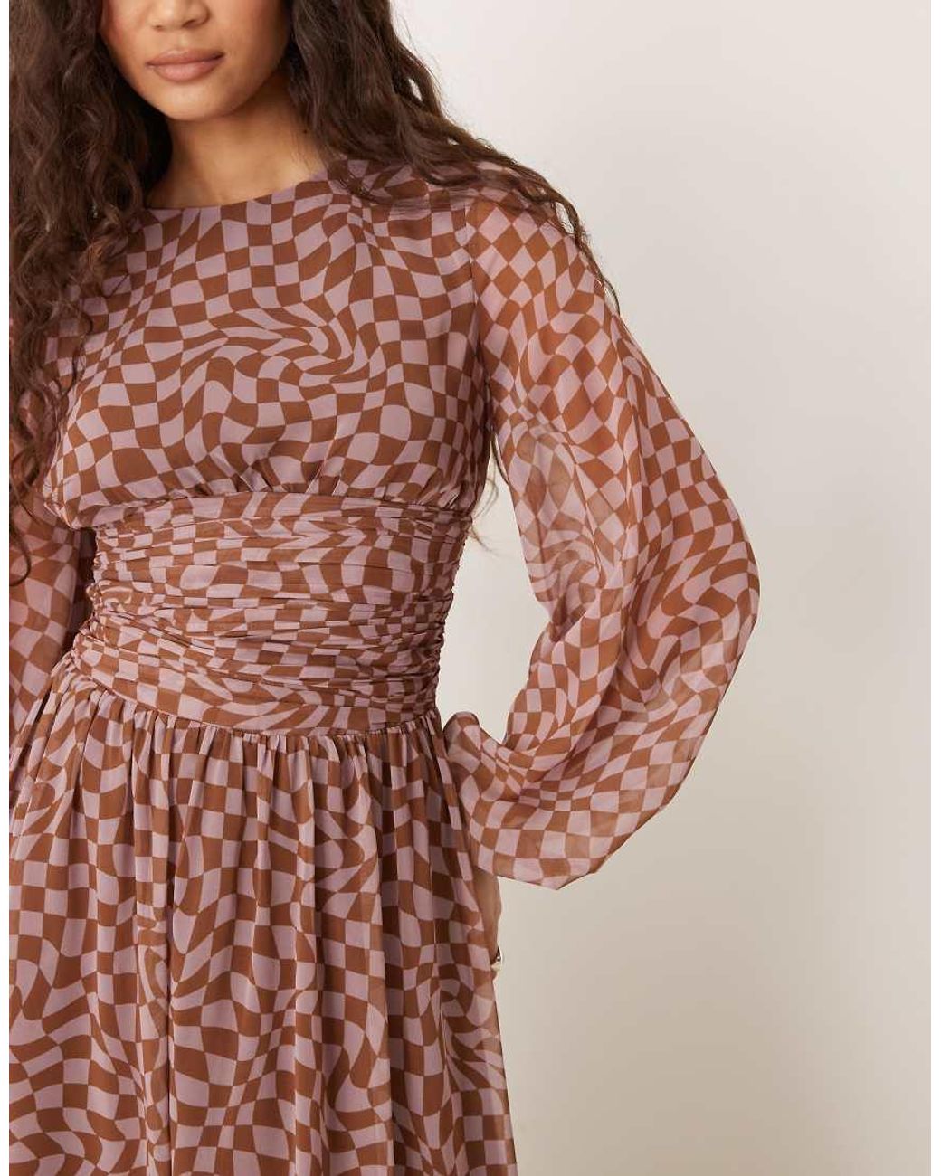 ASOS Pink Chiffon Crew Neck Maxi Dress With Ruched Waist And Volume Sleeve