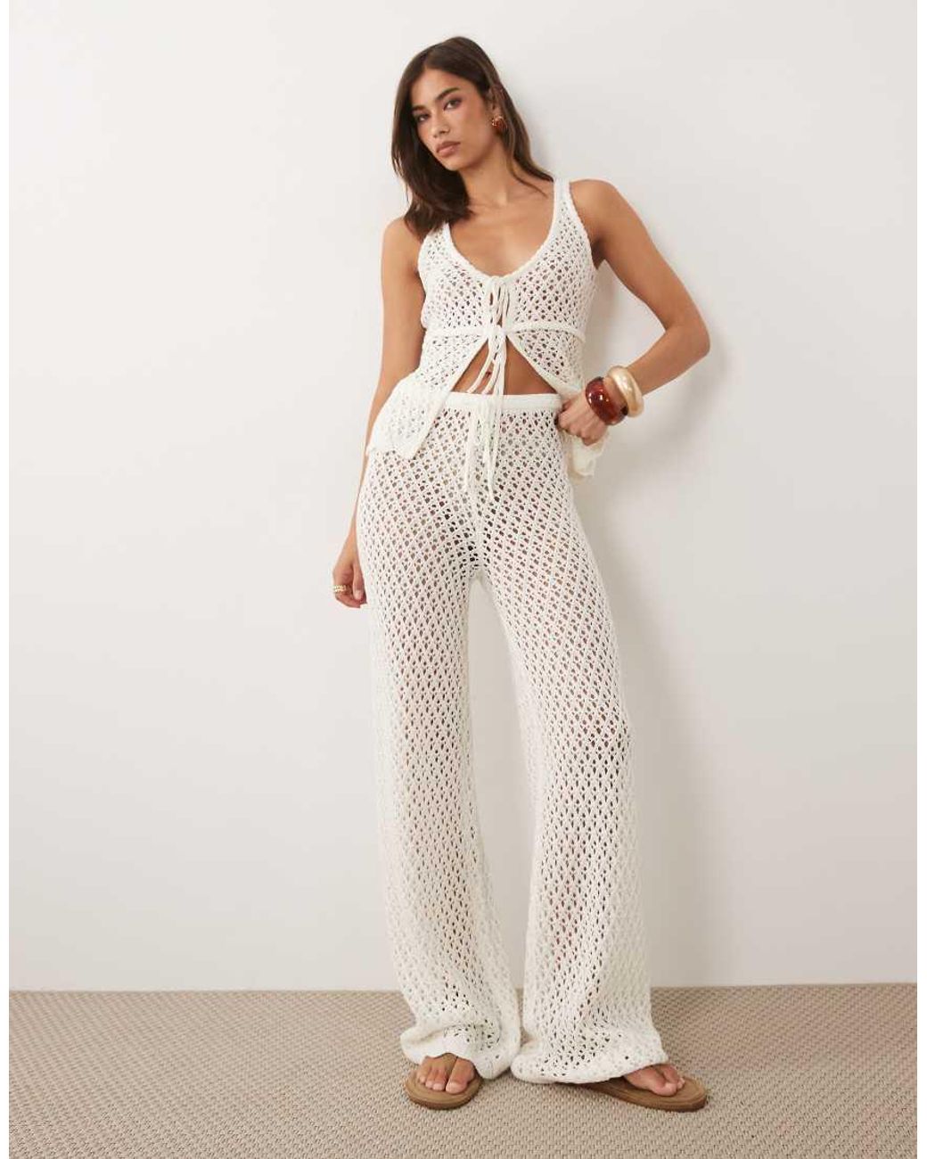4th & Reckless Natural Cotton Blend Crochet Tie Waist Wide Leg Beach Pants