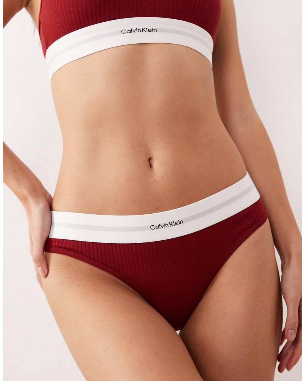 Calvin Klein Red Cotton Modal Rib Thong