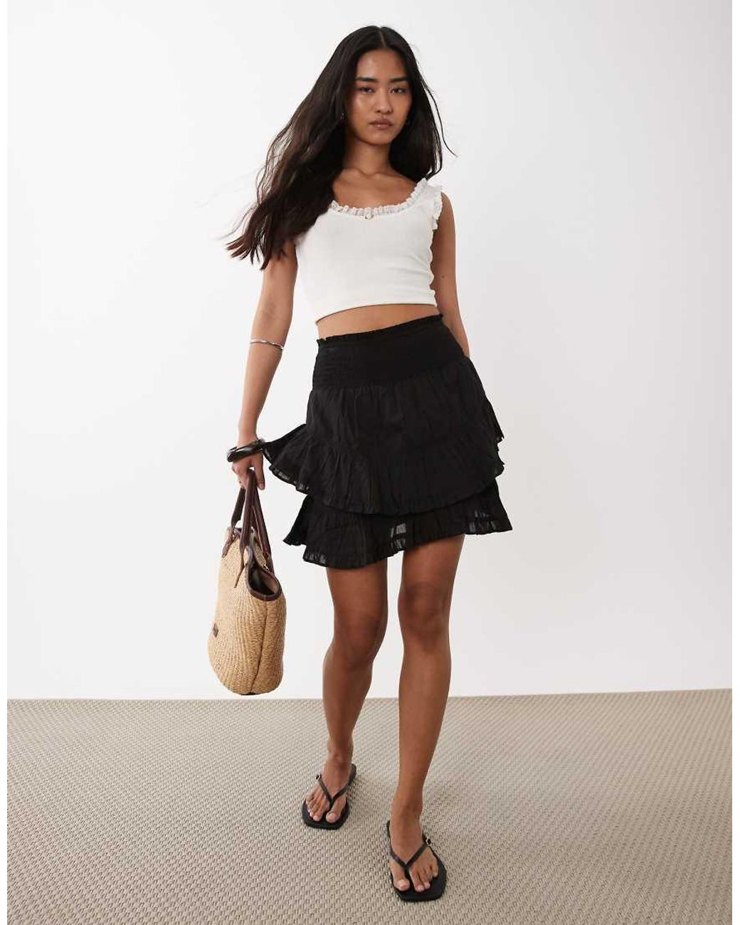 Brave Soul Black Tiered Mini Skirt With Shirred Waistband