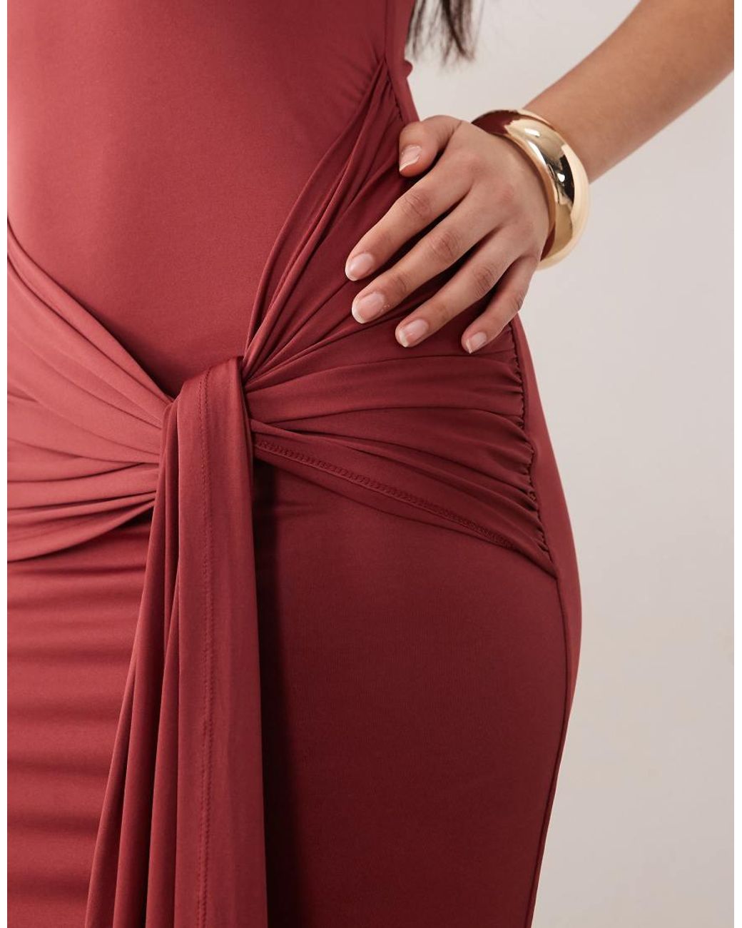 Aria Cove Red Double Sculpted Slinky High Neck Drape Front Maxi Dress