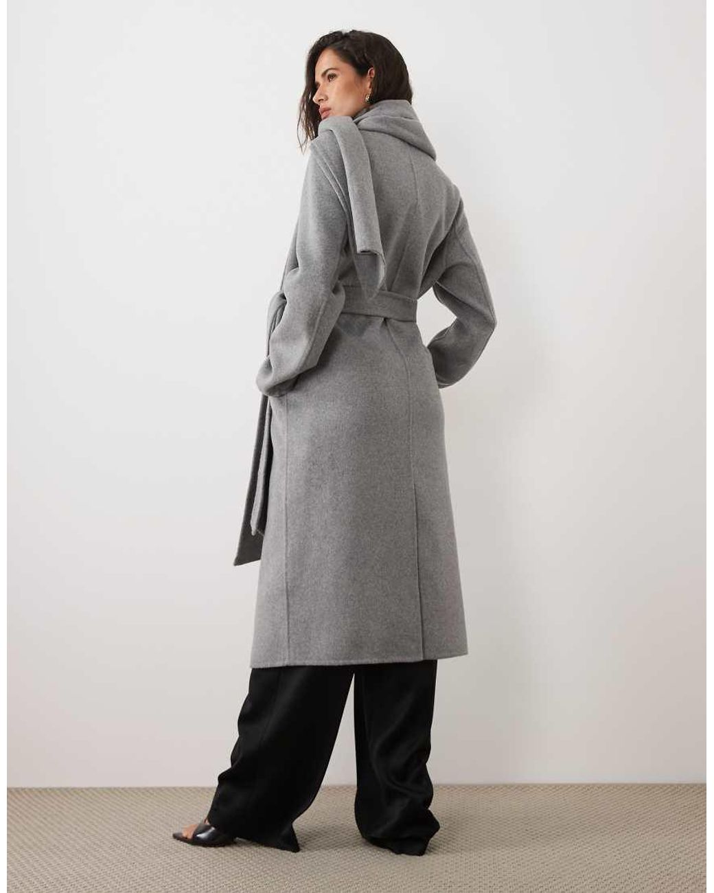 Forever New Gray Wool Blend Belted Scarf Detail Longline Coat