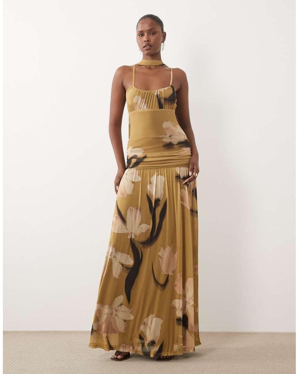 ASOS Natural Printed Mesh Ruched Bust Maxi Dress With Scarf Detail