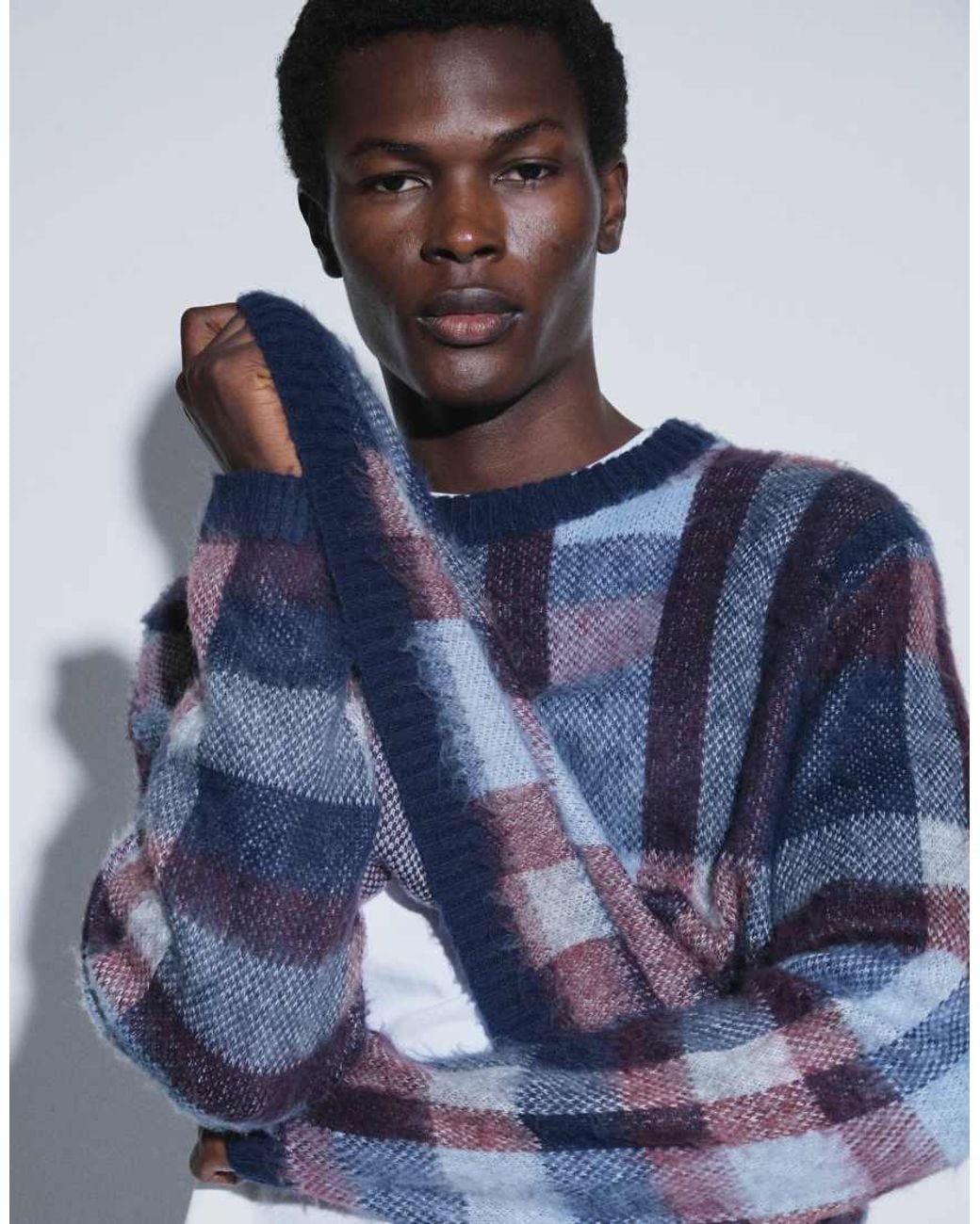 ASOS Blue Oversized Knitted Brushed Plaid Jumper for men