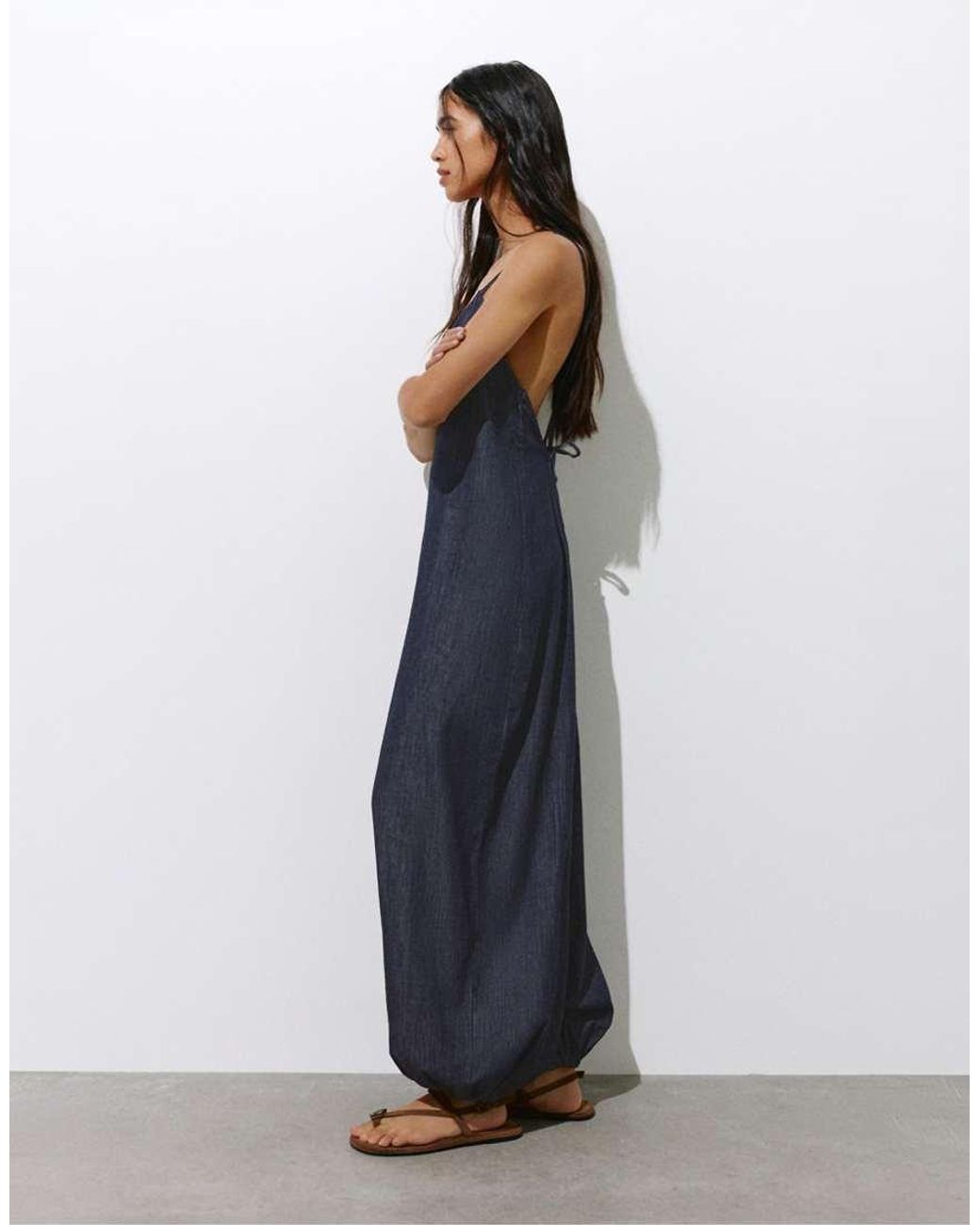 Pull&Bear Blue Long Sarouel Jumpsuit With Straps