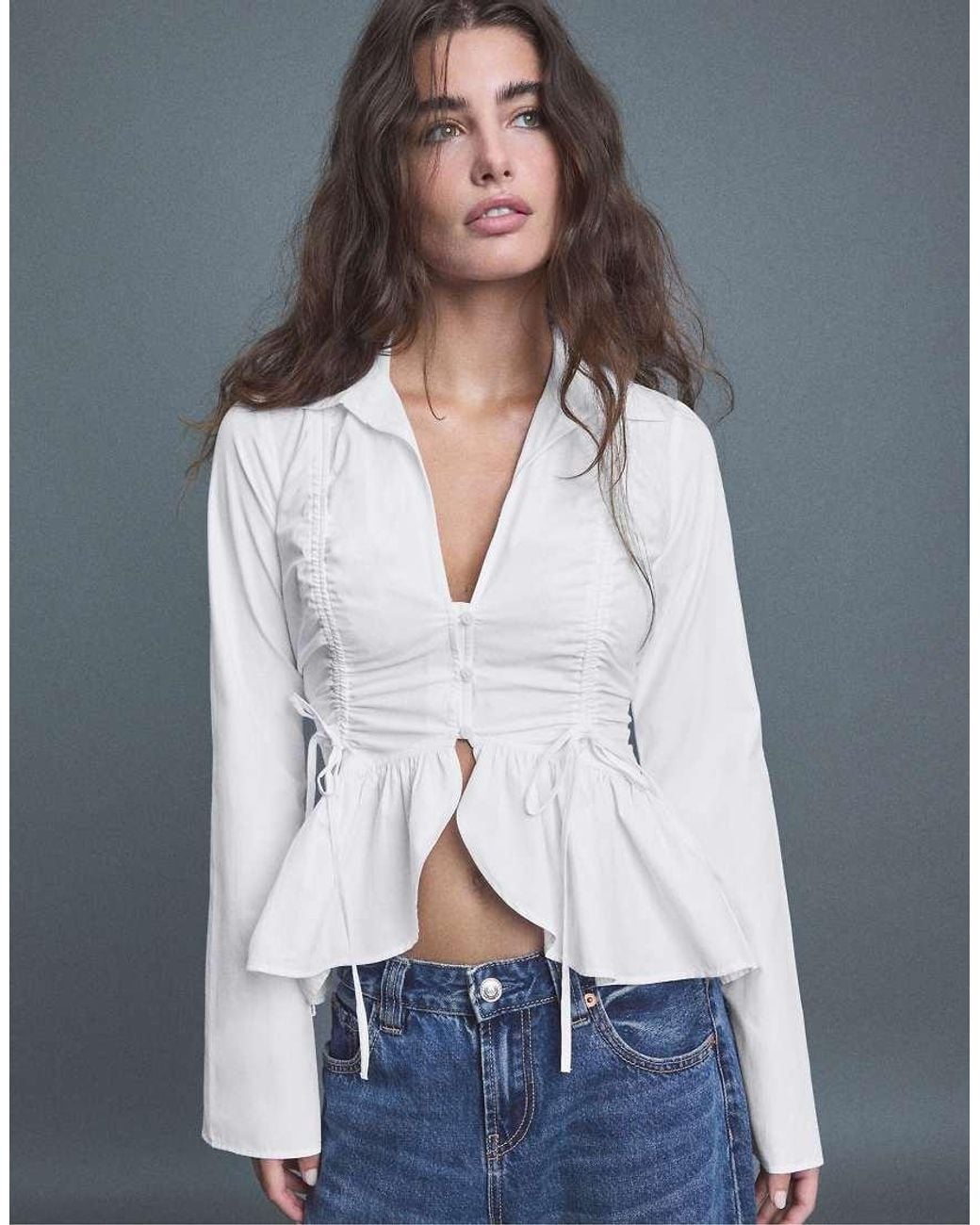 Stradivarius Blue Gathered Poplin Shirt