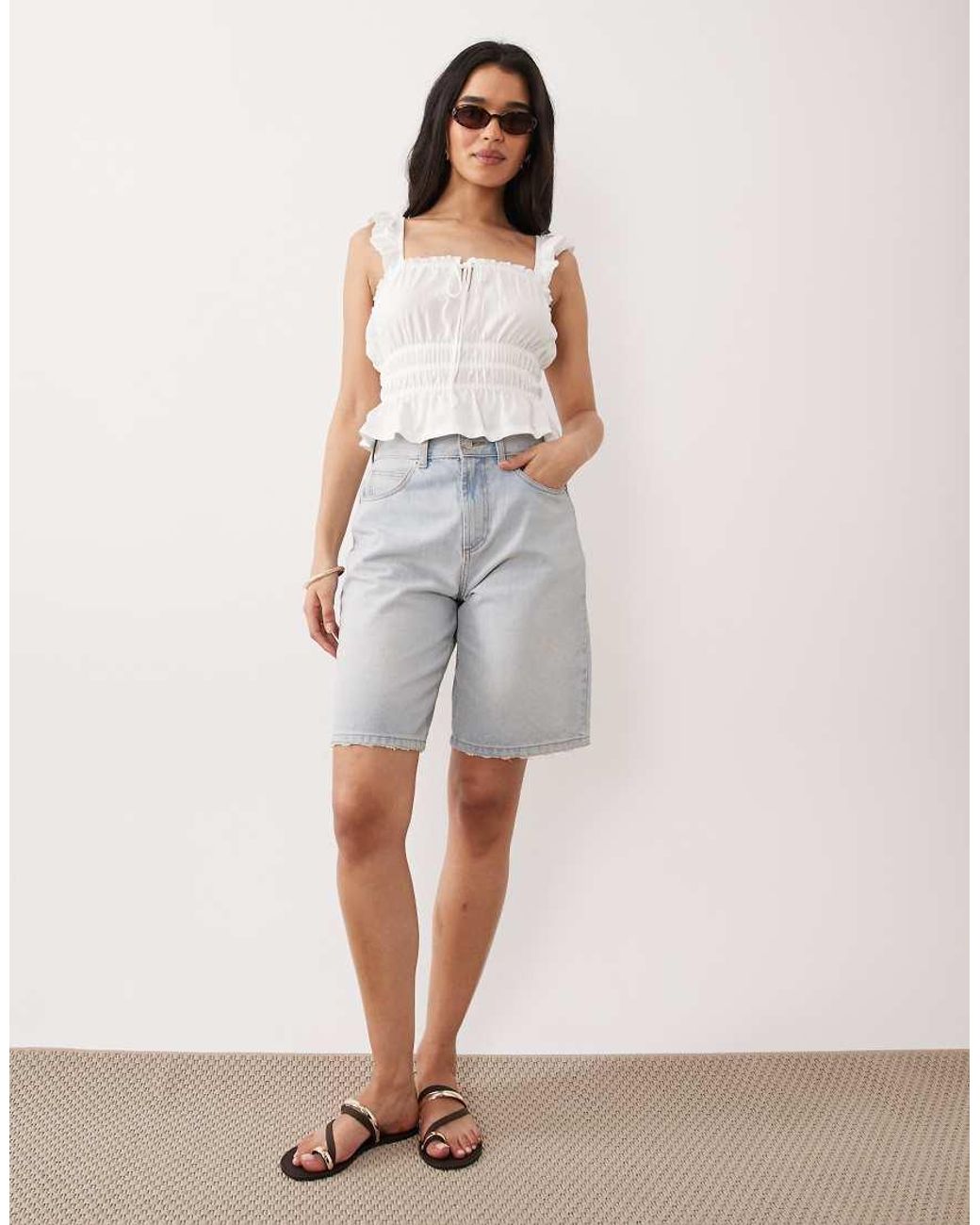 Miss Selfridge White Shirred Top With Ruffle Sleeve