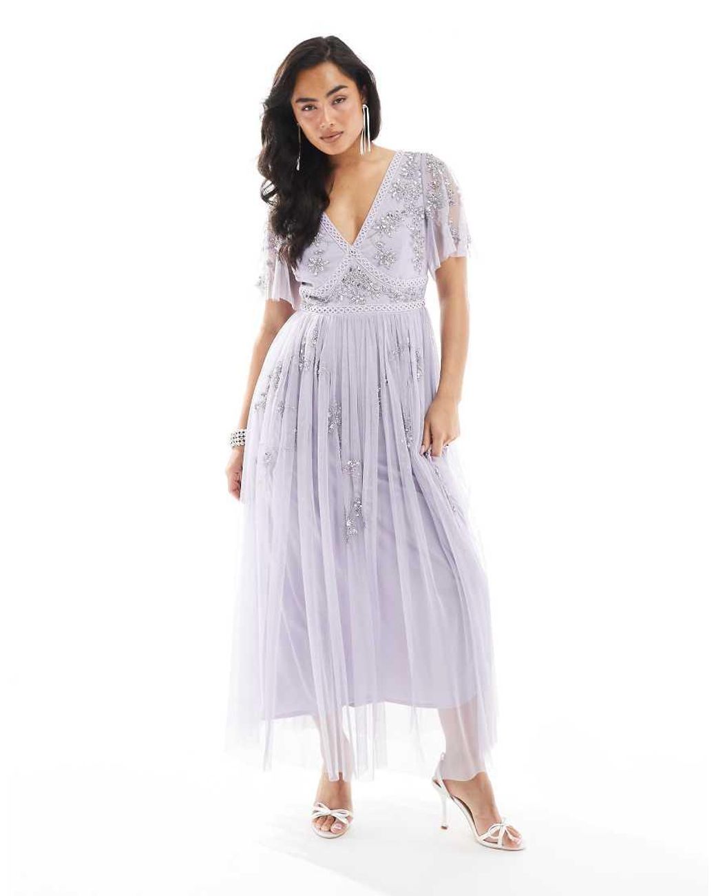 Maya Purple Embellished Short Sleeve Midi Dress