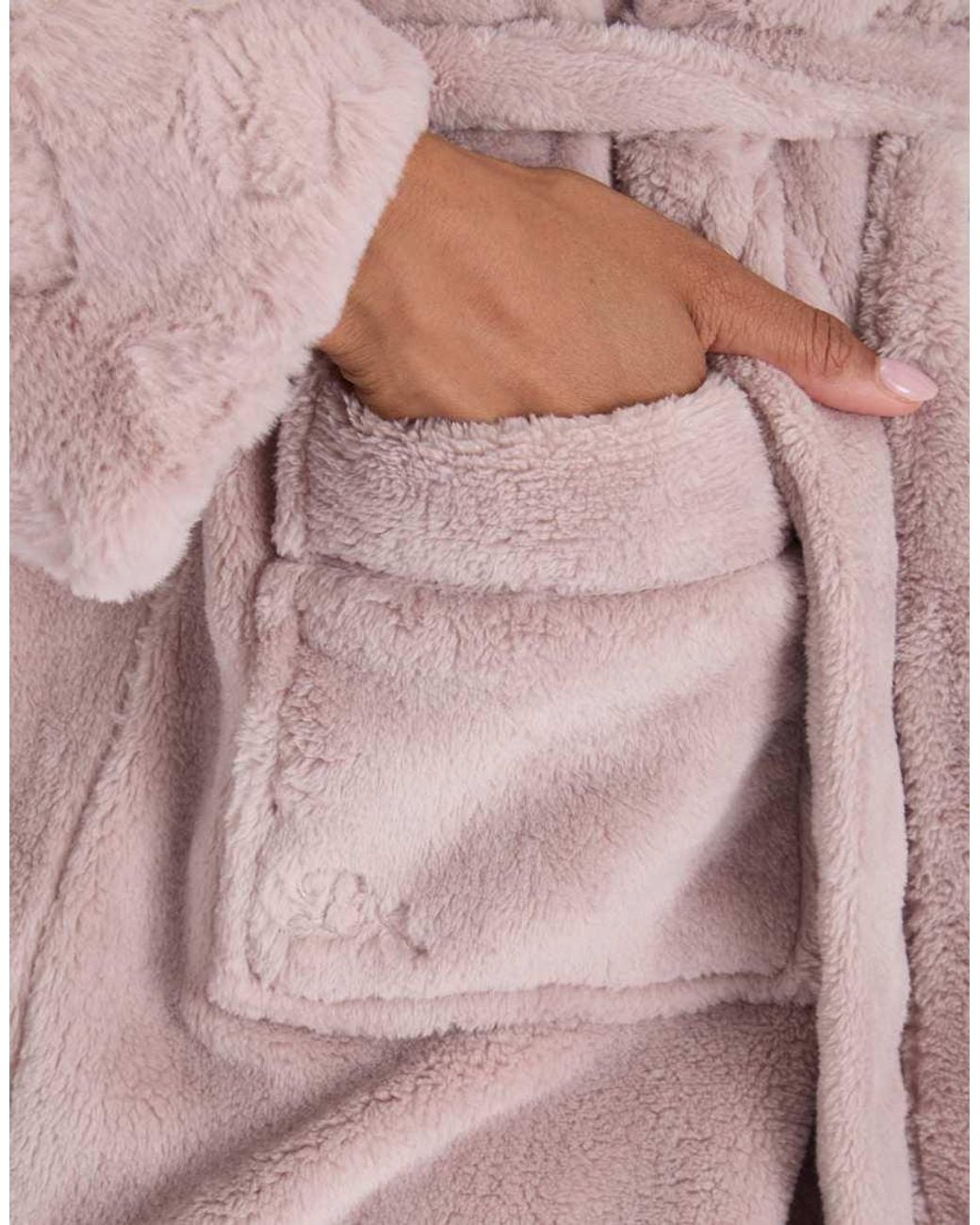 Boux Avenue Pink Heart Fur Trim Long Dressing Gown Soft Bathrobe With Hood