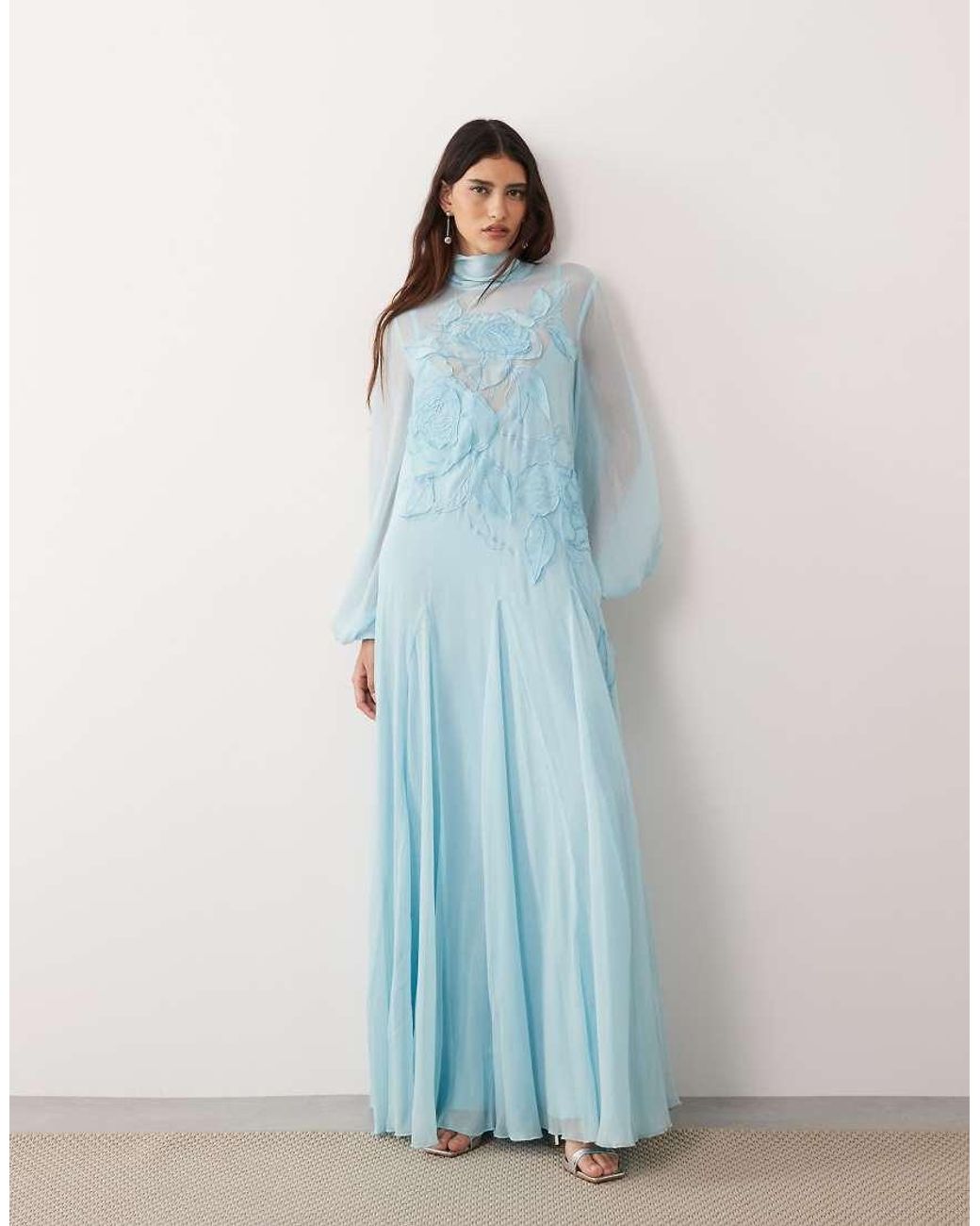 ARRANGE Blue Applique Floral Tie Neck Blouson Sleeve Trapeze Maxi Dress