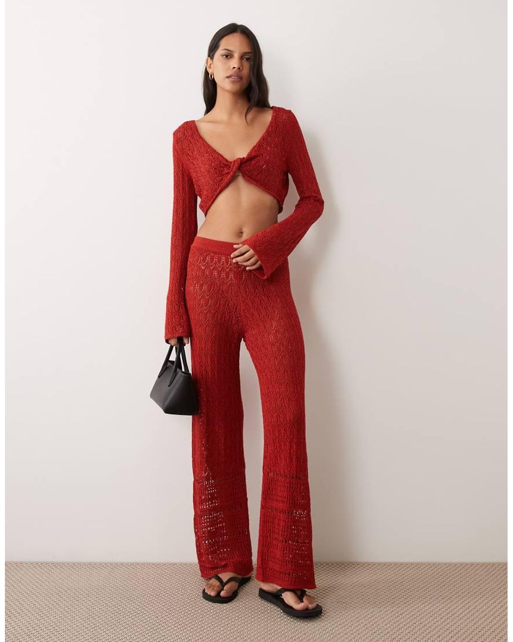 Miss Selfridge Red Crochet Twist Detail Long Sleeve Top