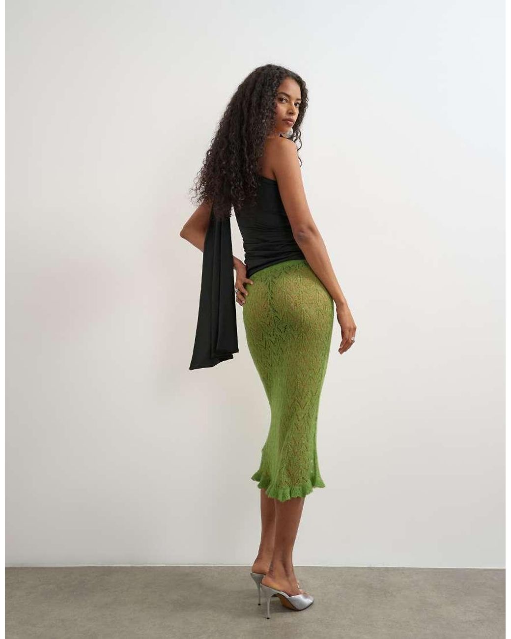 TOPSHOP Green Knitted Ruffle Hem Pointelle Midi Skirt With Wool