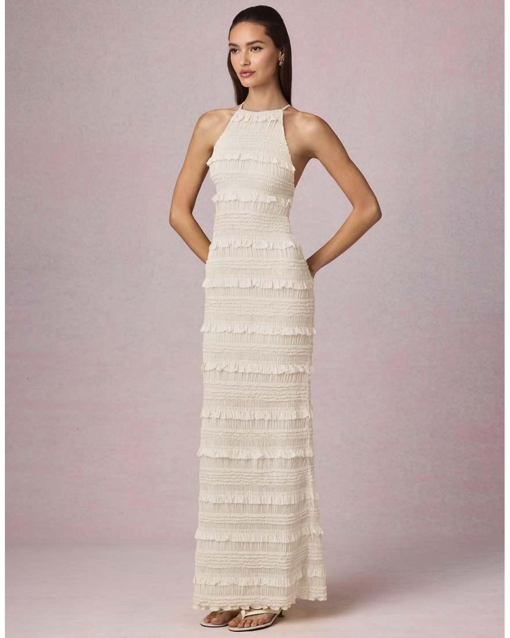 Oh Polly Pink Halter Neck Tie Back Detail Ruffle Trimn Maxi Dress