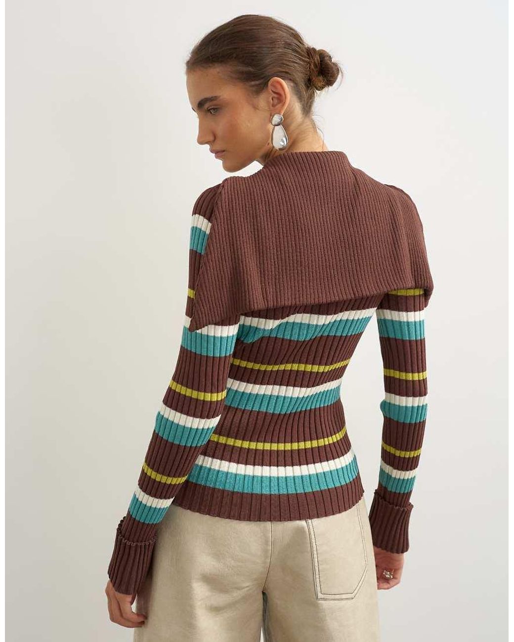 TOPSHOP Brown Knitted Ribbed Long Sleeve Half Zip Funnel Jumper