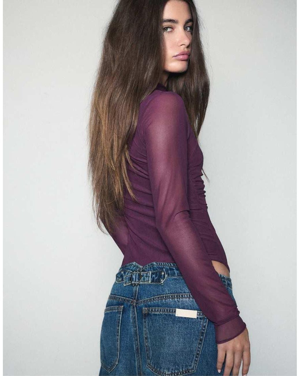 Stradivarius Blue Draped Mesh Long Sleeve Bodysuit