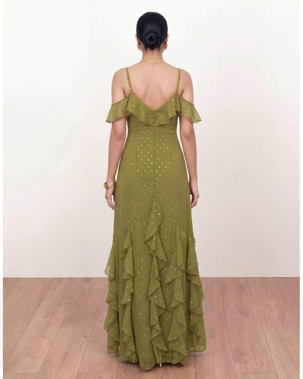 ANAYA Green Cold Shoulder Ruffle Maxi Dress