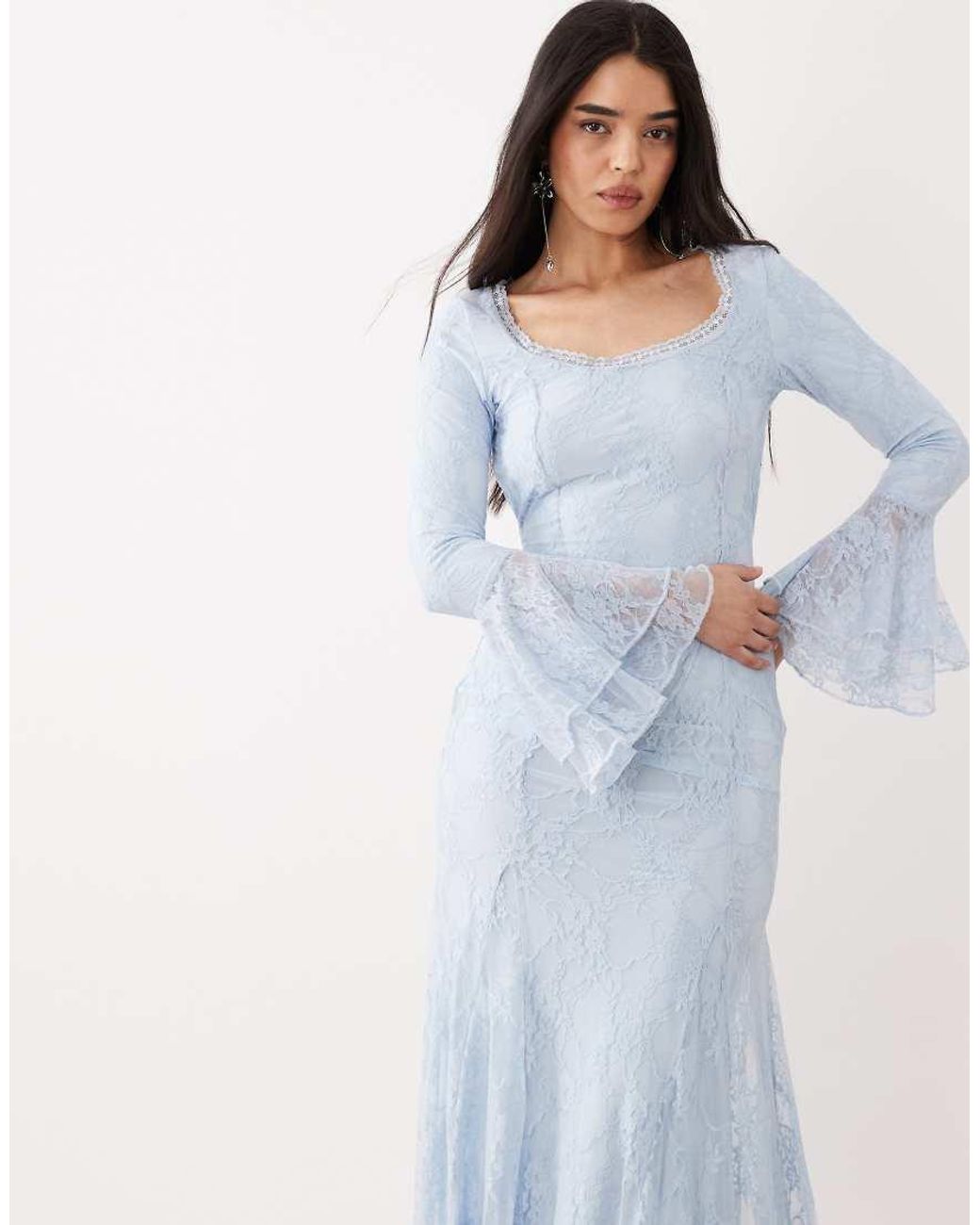 ASOS Blue Lace Maxi Dress With Godet Inserts And Flute Sleeve