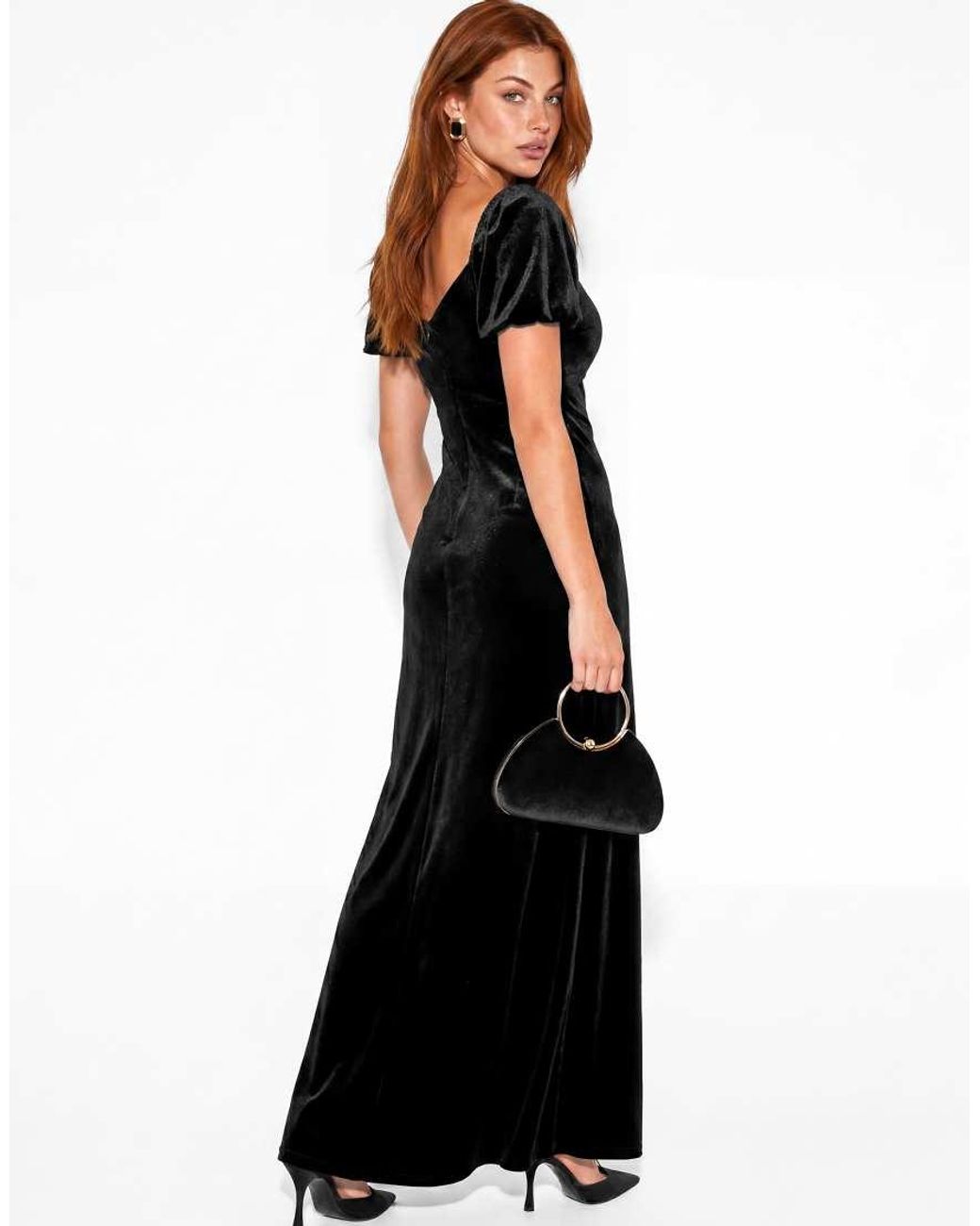 Maya Black Short Sleeve Scoop Neck Ruffle Velvet Maxi Dress