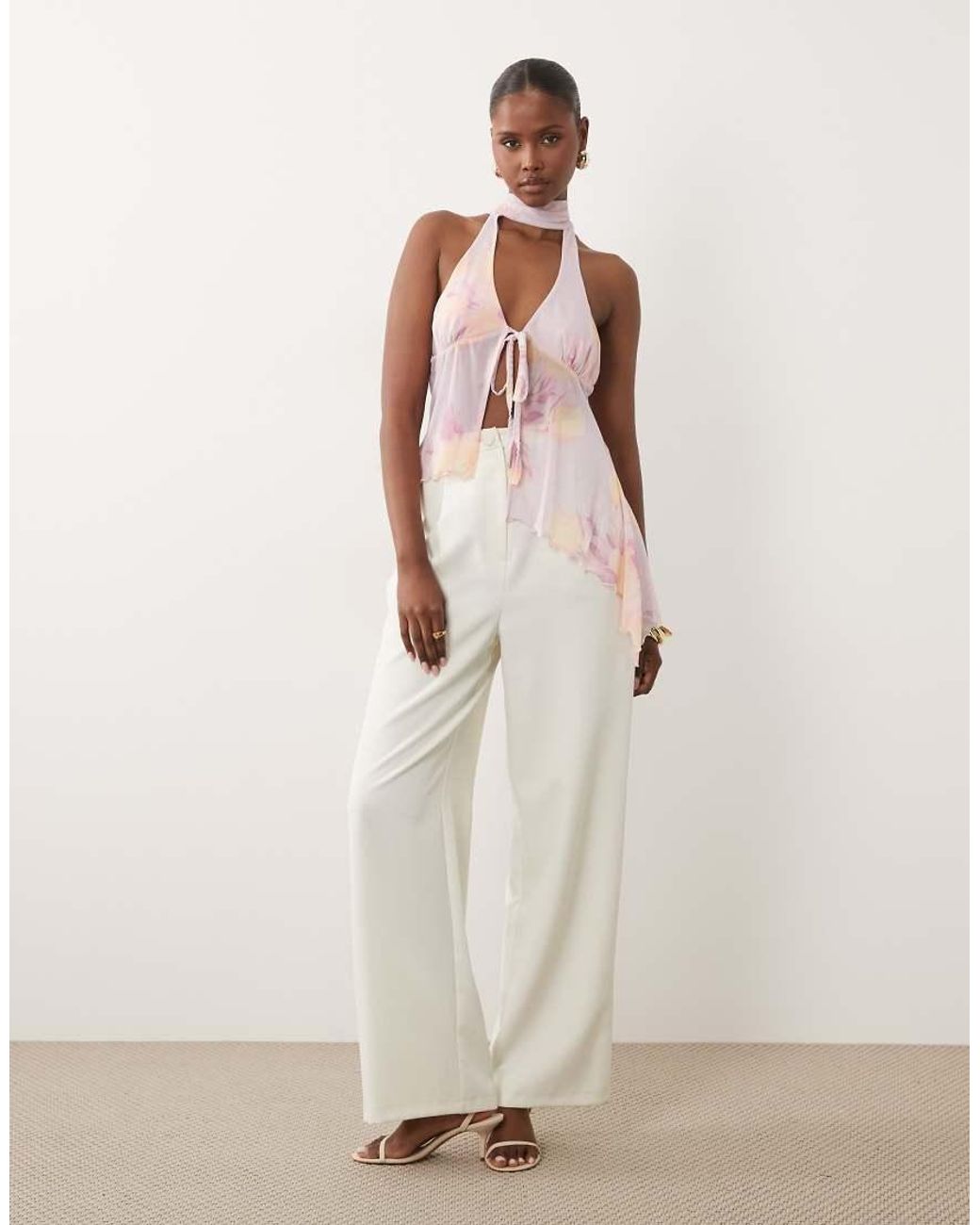 ASOS Natural Printed Mesh Tie Front Asymmetric Hem Halter Top