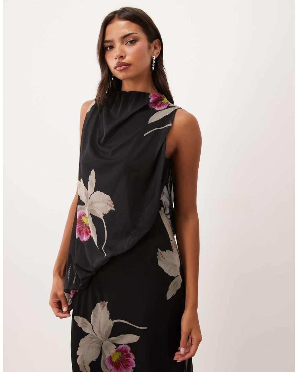 ASOS White Asymmetric Printed Mesh Blouson Maxi Dress With Grown On Neck