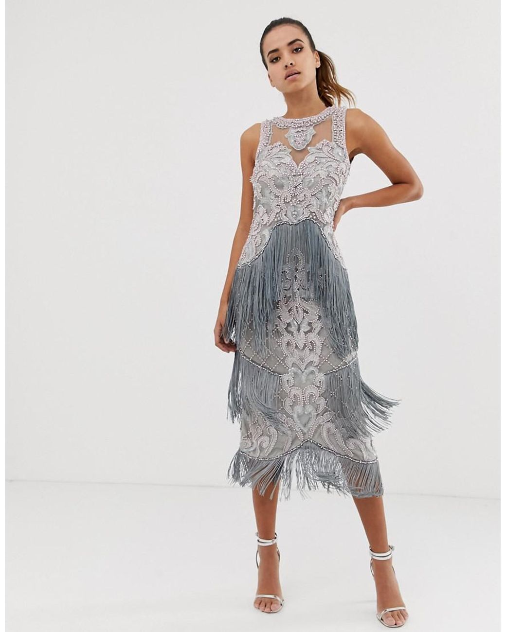 Starry Eyed Heavily Embellished Midi Dress With Tassel Detail in Metallic |  Lyst