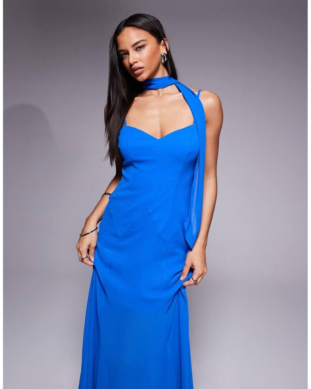 Forever New Blue Scarf Neck Cami Strap Hanky Hem Maxi Dress