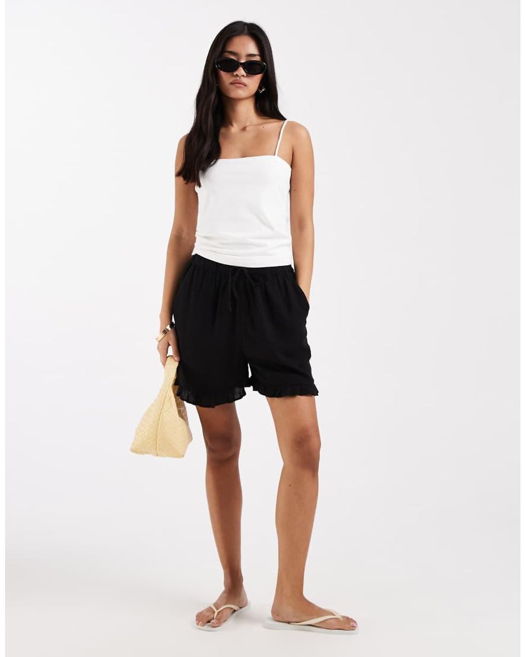 New Look Black Ruffle Linen Blend Pull On Shorts