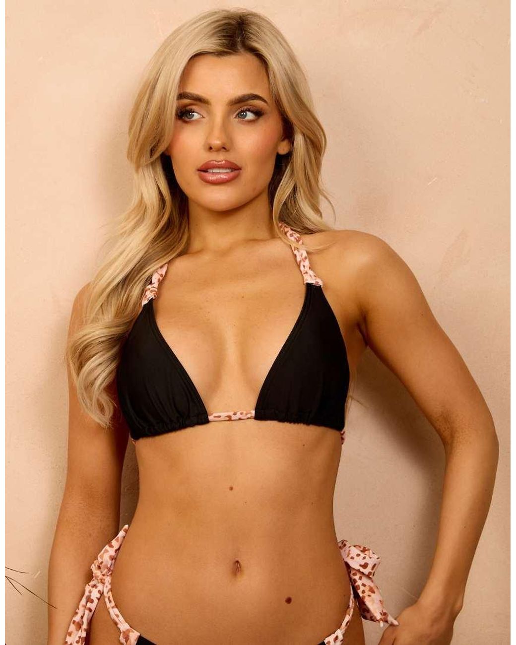 Wolf & Whistle Brown X Isabella Whittingham Triangle Bikini Top With Leopard Contrast Straps